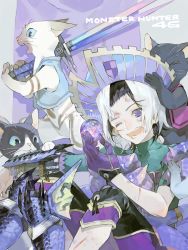 Rule 34 | 1boy, armor, black hair, bruise, cuts, felyne, gloves, hat, highres, holding, holding weapon, injury, melynx, monster hunter, monster hunter (series), monster hunter 4, monster hunter 4 g, multicolored hair, nishihara isao, oekaki, one eye closed, open mouth, purple eyes, scar, scrape, scratches, short hair, skin tight, teeth, turtleneck, two-tone hair, undressing, weapon, white hair