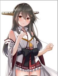 Rule 34 | 1girl, bare shoulders, black hair, blush, breasts, brown eyes, detached sleeves, hair between eyes, hair ornament, hairband, hairclip, haruna (kancolle), haruna kai ni (kancolle), headgear, himura moritaka, japanese clothes, kantai collection, long hair, looking at viewer, medium breasts, nontraditional miko, red skirt, ribbon-trimmed sleeves, ribbon trim, simple background, skirt, smile, solo, thighhighs, white background