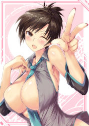 Rule 34 | 1girl, bare shoulders, between breasts, breasts, brown eyes, brown hair, cleavage, cosplay, daidou (demitasse), detached sleeves, fingernails, hatsune miku, hatsune miku (cosplay), highres, huge breasts, looking at viewer, meiko (vocaloid), nail polish, necktie, one eye closed, open mouth, short hair, smile, solo, undersized clothes, v, vocaloid, wink