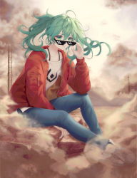 Rule 34 | 1girl, bad id, bad pixiv id, blue pants, closed mouth, cloud, cloudy sky, collarbone, deal with it (meme), dust cloud, earrings, full body, green eyes, green hair, hair between eyes, hand up, hatsune miku, jacket, jewelry, long hair, long sleeves, looking at viewer, meme, mountain, open clothes, open jacket, outdoors, pants, red jacket, sand, shirt, shoes, sidelocks, sitting, sky, solo, suna no wakusei (vocaloid), sunglasses, twintails, vocaloid, white footwear, white shirt, zain (jiha3905)