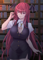 Rule 34 | 1girl, bare arms, bat wings, black skirt, black vest, blurry, blurry background, bookshelf, breasts, brooch, buttons, cleavage, cleavage cutout, clothing cutout, commentary request, cowboy shot, hair between eyes, hair flowing over, half-closed eyes, hand up, hands in hair, head wings, highres, jewelry, koakuma, large breasts, library, light blush, light smile, looking at viewer, parted lips, puffy short sleeves, puffy sleeves, purple eyes, raised eyebrow, red hair, short sleeves, skirt, skirt set, slit pupils, solo, straight-on, touhou, vest, vision (gruene), wing collar, wings