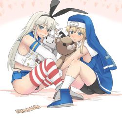 Rule 34 | 10s, 2boys, bad id, bad twitter id, bare shoulders, bike shorts, blonde hair, blue eyes, bridget (guilty gear), bulge, condom, condom packet strip, condom wrapper, elbow gloves, gloves, guilty gear, habit, heart, heart-shaped pupils, kantai collection, legs apart, looking at viewer, mo (kireinamo), multiple boys, nipple slip, nipples, on floor, rensouhou-chan, shimakaze-kun, shimakaze (kancolle), shimakaze (kantai collection), striped clothes, striped legwear, striped thighhighs, stuffed animal, stuffed toy, sweat, symbol-shaped pupils, teddy bear, thighhighs, trap