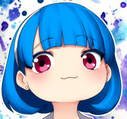 Rule 34 | 1girl, blue hair, blush, chibi, earrings, erkaz, hairband, highres, jewelry, looking at viewer, no nose, original, outline, portrait, red eyes, rina atherina, shadow, short hair, smile, solo, white hairband, white outline