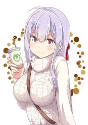 Rule 34 | 1girl, ahoge, bag, between breasts, bow, breasts, cross hair ornament, cup, drinking straw, eyebrows hidden by hair, gabriel dropout, hair bow, hair ornament, handbag, highres, holding, holding cup, large breasts, long hair, looking at viewer, purple hair, raphiel shiraha ainsworth, red bow, ribbed sweater, smile, solo, strap between breasts, sweater, turtleneck, turtleneck sweater, ukami, upper body, very long hair, white background, yellow eyes