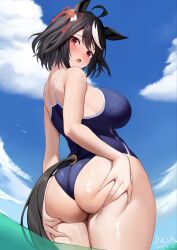 Rule 34 | 1girl, absurdres, ahoge, alternate costume, animal ears, artist name, ass, ass support, bare shoulders, black hair, blue one-piece swimsuit, blue sky, breasts, cloud, cloudy sky, commentary request, dated, dush 1154, hair between eyes, hands on own ass, highres, horse ears, horse girl, horse tail, kitasan black (umamusume), large breasts, looking at viewer, looking back, multicolored hair, ocean, one-piece swimsuit, outdoors, partially submerged, short hair, sky, solo, streaked hair, swimsuit, tail, two side up, umamusume, water, white hair
