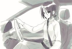 Rule 34 | 1girl, bad id, bad pixiv id, car interior, closed mouth, from side, greyscale, hair between eyes, highres, ichiren namiro, jun (princess connect!), jun (real) (princess connect!), light smile, long sleeves, looking at viewer, monochrome, parted bangs, princess connect!, seatbelt, shirt, short hair, skirt, solo