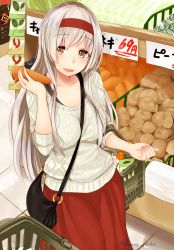 Rule 34 | 10s, 1girl, :d, alternate costume, bad id, bad pixiv id, bag, between breasts, breasts, carrot, cowboy shot, from above, headband, kanna (horntp), kantai collection, long hair, market, open mouth, potato, red skirt, short sleeves, shoukaku (kancolle), shoulder bag, skirt, smile, solo, strap between breasts, sweater, white hair, white sweater, yellow eyes