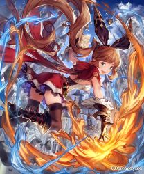 Rule 34 | 10s, 1girl, bad id, bad pixiv id, book, boots, bracelet, brown hair, clarisse (granblue fantasy), fire, gloves, granblue fantasy, highres, jewelry, lee hyeseung, long hair, looking at viewer, looking back, magic, official art, ponytail, ribbed sweater, shingeki no bahamut, smile, solo, sweater, very long hair