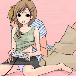 Rule 34 | 1boy, 1girl, barefoot, grabbing another&#039;s breast, breasts, feet, game console, grabbing, groping, hair ornament, hairclip, hetero, lowres, oekaki, panties, pantyshot, playing games, sitting, small breasts, solo focus, super famicom, super nintendo, superfamicom, underwear, video game, white panties