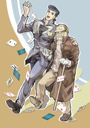 Rule 34 | 2boys, ^ ^, absurdres, ace (playing card), ace of hearts, age difference, arm around shoulder, beard, black eyes, blonde hair, blue hair, cane, card, closed eyes, clubs, coat, facial hair, floating card, father and son, full body, gakuran, glasses, gloves, hand up, happy, hat, heart, higashikata josuke, high collar, highres, holding, holding money, jack (playing card), jack of clubs (playing card), jojo no kimyou na bouken, joseph joestar, joseph joestar (old), king (playing card), king of clubs, loafers, long coat, male focus, money, multiple boys, open clothes, open coat, outline, pants, peace symbol, pince-nez, playing card, pompadour, queen (playing card), queen of clubs, school uniform, shadow, shicewlysml, shoes, short hair, spade, trench coat, walking, white gloves