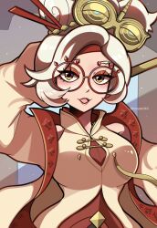Rule 34 | 1girl, aged up, breasts, eyeshadow, eyewear on head, glasses, goggles, goggles on head, hair ornament, highres, large breasts, looking at viewer, makeup, nintendo, official alternate costume, official alternate hairstyle, open mouth, purah, red-framed eyewear, red eyes, sheikah, short hair, smile, solo, the legend of zelda, the legend of zelda: tears of the kingdom, touyarokii, white hair