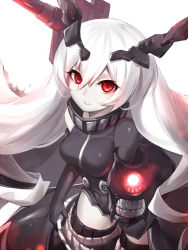 Rule 34 | 10s, 1girl, abyssal ship, anchorage oni, anchorage princess, elbow gloves, gloves, hair between eyes, headgear, kantai collection, long hair, looking at viewer, machinery, midriff, monster, pale skin, personification, red eyes, solo, suika01, turret, white hair