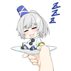 Rule 34 | 1girl, = =, chibi, closed eyes, drooling, full body, green hair, hand on another&#039;s hand, hat, highres, holding, holding plate, ja komurashi, japanese clothes, long hair, long sleeves, mini person, minigirl, mononobe no futo, mouth drool, open mouth, plate, pom pom (clothes), ponytail, simple background, sitting, sleeping, smile, solo focus, tate eboshi, touhou, white background, wide sleeves, zzz