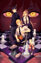Rule 34 | 2boys, 2girls, black hair, black jacket, black necktie, black pants, blonde hair, blush, board game, breasts, brown eyes, chainsaw, chainsaw man, chair, chess, chess piece, collared shirt, cross-shaped pupils, crossed legs, demon girl, denji (chainsaw man), facing away, folding chair, full body, grey pants, grin, hair between eyes, hand on another&#039;s shoulder, hands in pockets, hayakawa aki, high ponytail, highres, horns, jacket, katana, leaning on person, long hair, long sleeves, looking at viewer, looking back, makima (chainsaw man), medium breasts, medium hair, multiple boys, multiple girls, necktie, pants, pants rolled up, parted lips, pawn (chess), pochita (chainsaw man), power (chainsaw man), red hair, red horns, ringed eyes, shirt, shoes, short hair, short ponytail, sitting, sleeves past wrists, sleeves rolled up, smile, sneakers, standing, sword, syertse, symbol-shaped pupils, teeth, v-shaped eyebrows, weapon, weapon on back, white footwear, white shirt, yellow eyes