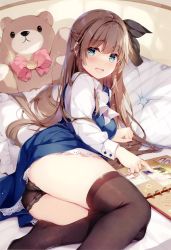 Rule 34 | 1girl, :d, absurdres, aqua eyes, ass, black panties, black thighhighs, blue dress, brown hair, collared shirt, commentary request, dress, hair ribbon, highres, long hair, looking at viewer, lying, miyase mahiro, non-web source, on bed, on side, open mouth, original, panties, photo album, pillow, ribbon, school uniform, shirt, sidelocks, smile, solo, stuffed animal, stuffed toy, teddy bear, thighhighs, thighs, underwear, white shirt