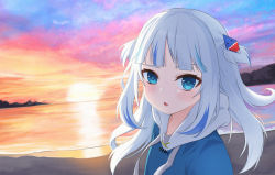 Rule 34 | 1girl, beach, blouse, blue eyes, blue hoodie, blunt bangs, blush, cloud, cloudy sky, gawr gura, hair ornament, highres, hololive, hololive english, hood, hoodie, looking at viewer, multicolored hair, ocean, open mouth, outdoors, shark girl, shark hair ornament, shirt, short twintails, sky, solo, streaked hair, sunset, twintails, ugaaaa1, virtual youtuber, water, white shirt