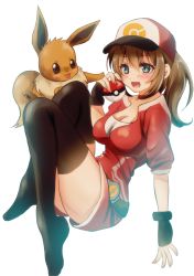 Rule 34 | 10s, 1girl, :3, :d, bad id, bad pixiv id, baseball cap, belt, black gloves, black thighhighs, blue eyes, blush, breasts, bright background, brown hair, choker, cleavage, creatures (company), eevee, female protagonist (pokemon go), fingerless gloves, full body, game freak, gen 1 pokemon, gloves, hat, highres, holding, holding poke ball, long hair, medium breasts, nintendo, open mouth, poke ball, pokemon, pokemon (creature), pokemon go, ponytail, sheepd, sitting, smile, solo, thighhighs, white background