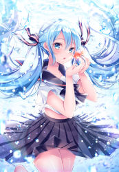 Rule 34 | 1girl, air bubble, animal, black bow, black sailor collar, black skirt, blue eyes, blue hair, blush, bottle miku, bow, bubble, commentary, day, fish, floating hair, goldfish, hair between eyes, hands up, hatsune miku, highres, long hair, looking at viewer, nemuri nemu, outdoors, parted lips, pleated skirt, sailor collar, shirt, short sleeves, skirt, solo, thighs, twintails, underwater, very long hair, vocaloid, water, white shirt