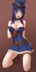 Rule 34 | 1girl, arm behind back, arm strap, bare shoulders, belt, belt buckle, blue eyes, blush, boots, breasts, brown background, brown footwear, brown gloves, buckle, caitlyn (league of legends), cleavage, clothes pull, dated, dress, dress pull, fingerless gloves, full body, gloves, hat, highres, knee boots, kneeling, large breasts, league of legends, looking at viewer, mr yah, nose blush, open mouth, parted bangs, pulled by self, round teeth, signature, simple background, solo, strapless, strapless dress, sweat, teeth, thigh strap, thighs, top hat, underbust, v-shaped eyebrows