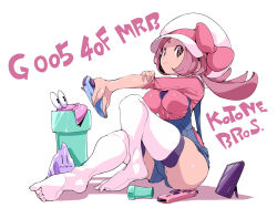 Rule 34 | 1girl, blue overalls, bow, breasts, brown eyes, cabbie hat, character name, chris (mario), closed mouth, commentary request, creatures (company), crossover, freezie, game freak, hat, hat bow, highres, holding, large breasts, long hair, lyra (pokemon), mario (series), nintendo, nintendo switch, no shoes, overalls, pink bow, pink shirt, pokemon, pokemon hgss, purple hair, shirt, sidestepper, simple background, smile, solo, thighhighs, twintails, warp pipe, white hat, white thighhighs