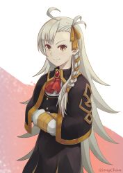 Rule 34 | 1girl, antenna hair, artist name, ascot, black capelet, black dress, braid, brooch, buttons, capelet, closed mouth, commentary request, crossed arms, dress, fate (series), gold trim, grey hair, gsong-chan, hair ribbon, highres, jewelry, long hair, looking at viewer, lord el-melloi ii case files, olga marie animusphere, red ascot, ribbon, side braid, single braid, solo, swept bangs, very long hair, white sleeves, yellow eyes, yellow ribbon