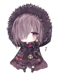 Rule 34 | 1girl, bad id, bad pixiv id, black cape, black dress, black socks, blush, brown cape, brown hair, cape, chibi, commentary request, cottontailtokki, dress, fur-trimmed dress, fur-trimmed hood, fur-trimmed sleeves, fur trim, hair over one eye, hands up, hood, hooded cape, kneehighs, multicolored cape, multicolored clothes, red eyes, shadowverse, shingeki no bahamut, simple background, skull, socks, solo, standing, white background, wizardess of oz