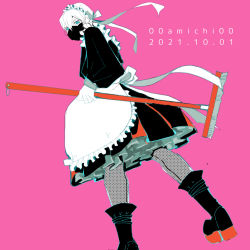 Rule 34 | 1boy, amichi1005, apron, black footwear, blue eyes, boots, broom, crossdressing, dated, frilled apron, frills, from behind, highres, looking at viewer, maid, maid apron, maid headdress, male focus, mars red, mask, mouth mask, pantyhose, pink background, ribbon, suwa (mars red), twitter username, white hair