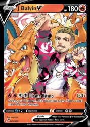 Rule 34 | 1boy, 1other, arm up, attack, blonde hair, breath weapon, breathing fire, brown eyes, brown hair, chain, charizard, choker, clothing request, creatures (company), earrings, fire, game freak, gen 1 pokemon, gold chain, grin, holding, holding microphone, j balvin, jewelry, looking at viewer, mature male, microphone, nagimiso, nintendo, pointing, pointing down, pokemon, pokemon (creature), pokemon card, pokemon tcg, real life, shirt, smile, spanish text, standing, tattoo, trading card, white shirt