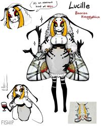 Rule 34 | 1girl, :d, absurdres, antennae, arthropod girl, black sclera, blonde hair, closed mouth, colored sclera, colored skin, commentary, cup, dress, drinking glass, english text, extra arms, grey dress, highres, holding, holding cup, insect girl, insect wings, long hair, looking at viewer, matilda fiship, moth girl, moth wings, multicolored hair, no feet, open mouth, original, smile, standing, streaked hair, two-tone hair, white hair, white skin, wine glass, wings, yellow eyes