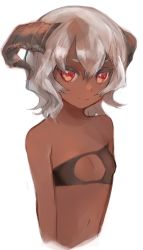 Rule 34 | 1girl, bandeau, bare shoulders, breasts, cleavage, cleavage cutout, clothing cutout, dark skin, dark-skinned female, eyebrows, gmanee, grey hair, highres, horns, looking at viewer, navel, original, red eyes, short eyebrows, short hair, sketch, small breasts, smile, solo, strapless, tube top, upper body, white background