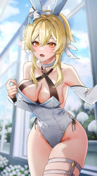 Rule 34 | 1girl, absurdres, anzu0130, bare shoulders, blonde hair, blush, breasts, cleavage, feather hair ornament, feathers, flower, genshin impact, hair flower, hair ornament, halter leotard, halterneck, highres, large breasts, leotard, looking at viewer, lumine (genshin impact), medium hair, open mouth, playboy bunny, sidelocks, solo, thighs, yellow eyes