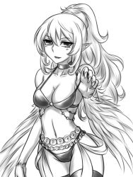 Rule 34 | 1girl, bare shoulders, bikini, breasts, claws, cleavage, collarbone, duel monster, female focus, groin, hair between eyes, halterneck, harpie dancer, harpy, hip focus, lips, long hair, long image, looking at viewer, monochrome, monster girl, navel, pataneet, pointy ears, ponytail, smile, solo, standing, strap pull, swimsuit, tall image, talons, thighhighs, wings, yu-gi-oh!, yu-gi-oh! duel monsters