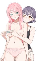 Rule 34 | 2girls, aqua eyes, bandaid, bang dream!, bang dream! it&#039;s mygo!!!!!, bare shoulders, black tank top, blush, breasts, chihaya anon, closed mouth, collarbone, commentary request, commission, fingernails, floral print, gluteal fold, groin, highres, holding bandaid, lips, long hair, medium breasts, medium hair, multiple girls, nail polish, navel, nipples, orange eyes, panties, penguin print, pink hair, pink lips, pink nails, pink panties, print bandaid, print panties, purple hair, side-tie panties, simple background, skeb commission, small breasts, stomach, sutochan, takamatsu tomori, tank top, thighs, topless, underwear, underwear only, white background, white panties