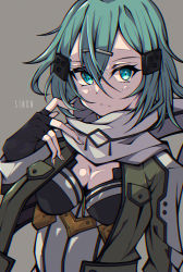 Rule 34 | 1girl, absurdres, aqua hair, black gloves, blue eyes, breasts, character name, cleavage, closed mouth, fingerless gloves, frown, gloves, green jacket, grey background, grey scarf, hair between eyes, hair ornament, hairclip, highres, jacket, kakuzatou (cubesugar03196), looking at viewer, medium breasts, medium hair, open clothes, open jacket, scarf, sinon, solo, sword art online, upper body