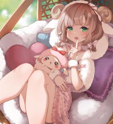 Rule 34 | :o, animal hood, asuka hina, bare legs, blush, bow, brown hair, capelet, dress, feet out of frame, finger to mouth, frilled dress, frills, green eyes, hair bow, heart, heart-shaped pillow, highres, holding, holding stuffed toy, hood, hood up, hooded capelet, horns, knees, knees together feet apart, knees up, kyouya0514, legs, looking at viewer, nijisanji, open mouth, parted bangs, paw print, pillow, pink dress, print dress, short twintails, sitting, stuffed toy, twintails, virtual youtuber, white bow, white capelet, white hood, wristband