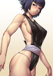 Rule 34 | 1girl, black eyes, black hair, bleach, bleach: sennen kessen-hen, breasts, closed mouth, gradient background, highleg, highres, japanese clothes, looking at viewer, max (maxlikeapicture), medium breasts, sash, short hair, sideboob, sideless outfit, simple background, solo, sui-feng, thighs, thong, toned, white sash
