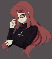 Rule 34 | 1girl, cross, cross necklace, dotcube, glasses, grey background, hair over one eye, jewelry, long hair, necklace, parasoul (skullgirls), parted lips, red hair, skullgirls, solo, sweater, turtleneck, turtleneck sweater, upper body, yellow eyes