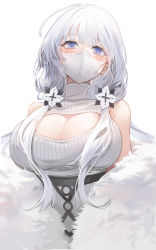 Rule 34 | 1girl, azur lane, bare shoulders, blue eyes, blunt bangs, blurry, blush, breasts, cleavage, cleavage cutout, clothing cutout, commentary request, coronavirus pandemic, depth of field, flower, hair flower, hair ornament, highres, huge breasts, illustrious (azur lane), long hair, low twintails, mask, meme attire, mole, mole under eye, mouth mask, open-chest sweater, revision, silver hair, simple background, solo, sweater, turtleneck, turtleneck sweater, twintails, upper body, white background, white mask, white sweater, yuki (asayuki101)