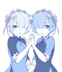 Rule 34 | 10s, 2girls, alternate costume, artist name, blue theme, blush, breasts, commentary request, dress, eisocool, hair ornament, hair over one eye, hair ribbon, hairclip, hand up, heart, interlocked fingers, looking at viewer, monochrome, multiple girls, parted lips, ram (re:zero), re:zero kara hajimeru isekai seikatsu, rem (re:zero), ribbon, short hair, short sleeves, siblings, simple background, sisters, small breasts, twins, upper body, vietnamese dress, white background, x hair ornament