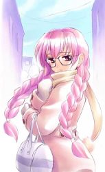 Rule 34 | bag, braid, cold, di gi charat, glasses, katou ryouichi, pink hair, scarf, solo, twin braids, usada hikaru