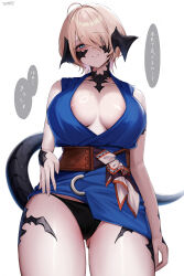 Rule 34 | 1girl, absurdres, areola slip, au ra, bare shoulders, black horns, black panties, black scales, blonde hair, blue dress, blue eyes, breasts, commentary request, dragon girl, dragon horns, dragon tail, dress, final fantasy, final fantasy xiv, hair over one eye, highres, horns, large breasts, looking at viewer, panties, plunging neckline, shhilee, short dress, short hair, simple background, sleeveless, sleeveless dress, solo, standing, straight-on, sweat, tail, thighs, translation request, underwear, warrior of light (ff14), white background