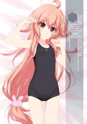 Rule 34 | 1girl, ahoge, artist name, black one-piece swimsuit, rabbit hair ornament, character name, collarbone, commentary request, cowboy shot, crescent moon symbol, eyes visible through hair, flat chest, hair between eyes, hair ornament, highres, inaba shiki, kantai collection, long hair, looking at viewer, lying, new school swimsuit, on back, one-hour drawing challenge, one-piece swimsuit, pink hair, red eyes, school swimsuit, smile, solo, swimsuit, uzuki (kancolle)