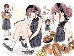 Rule 34 | 1girl, arms up, baguette, bare shoulders, basket, black footwear, black hairband, black headwear, blush, bread, brioche, buttons, carrying, closed mouth, croissant, dog, doughnut, dress, drooling, food, freckles, full body, fusuma (nohbrk), green eyes, grey dress, hair between eyes, hair bun, hairband, headband, heart, looking at viewer, medium skirt, melon bread, muffin, open mouth, original, purple hair, simple background, skirt, smile, socks, solo, sparkle, standing, tomato, translation request, upper body, white background, white socks