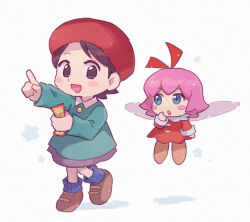 Rule 34 | 2girls, :d, :o, adeleine, arm up, beret, blue eyes, blue socks, blush, blush stickers, brown eyes, brown footwear, brown hair, chiimako, collared shirt, commentary request, dress, fairy, fairy wings, flying, full body, green shirt, grey skirt, hair between eyes, hair ribbon, hand up, hat, holding ticket, index finger raised, kirby (series), kirby 64, long sleeves, looking at another, looking at viewer, multiple girls, nintendo, open mouth, parted bangs, pink hair, pointing, red dress, red headwear, red ribbon, ribbon, ribbon (kirby), shirt, shoes, short hair, simple background, skirt, sleeve cuffs, smile, socks, sparkle, star (symbol), ticket, white background, wings