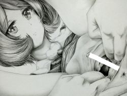 Rule 34 | 1girl, anus, bottomless, censored, clitoris, expressionless, graphite (medium), heart, highres, komeiji satori, looking at viewer, monochrome, pussy, sek-it, short hair, solo, spread pussy, touhou, traditional media, white background