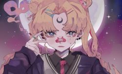 Rule 34 | 1girl, bandaid, bandaid on face, bandaid on nose, bekuko, bishoujo senshi sailor moon, black nails, black shirt, cigarette, commentary request, crescent, crescent facial mark, crying, crying with eyes open, delinquent, ear piercing, facial mark, forehead mark, full moon, hair ornament, hairclip, heart, heart-shaped pupils, highres, holding, holding cigarette, looking at viewer, moon, nail polish, necktie, parted bangs, piercing, portrait, red necktie, shirt, smoke, smoking, solo, symbol-shaped pupils, tears, teras, tsukino usagi, v-neck