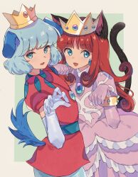 Rule 34 | 1boy, 1girl, absurdres, animal ears, arm on another&#039;s shoulder, belt, black belt, blue eyes, blue hair, bracelet, brooch, cat ears, cat girl, cat tail, commentary, crown, dog boy, dog ears, dog tail, dress, earrings, elbow gloves, fang, fq75017, gloves, great mi, highres, jewelry, kemonomimi mode, long hair, looking at viewer, mario (series), medium hair, nintendo, open mouth, paw pose, pink dress, pink gloves, prince haru, princess shokora, puffy short sleeves, puffy sleeves, red hair, red tunic, short sleeves, simple background, smile, sphere earrings, super mario bros.: peach-hime kyushutsu dai sakusen!, tail, wario land, wario land 4, white gloves