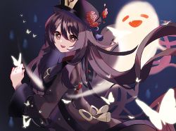 Rule 34 | 1girl, :d, brown hair, bug, butterfly, chinese clothes, closed eyes, fang, genshin impact, ghost, hat, hu tao (genshin impact), bug, long hair, long sleeves, looking at viewer, mippu0xo, open mouth, red eyes, shorts, smile, solo, symbol-shaped pupils, very long hair
