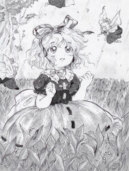 Rule 34 | 1girl, back bow, bow, bow choker, choker, flower, hair ribbon, hands up, lily of the valley, medicine melancholy, medinki, monochrome, official style, open mouth, puffy short sleeves, puffy sleeves, ribbon, shirt, short hair, short sleeves, skirt, smile, touhou, tree, zun (style)