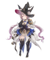 Rule 34 | 1girl, character request, dress, flat chest, gran saga, hair between eyes, hat, highres, long hair, looking at viewer, low twintails, open mouth, puffy sleeves, purple hair, red eyes, riesun, simple background, solo, standing, standing on one leg, thighhighs, twintails, white background, witch hat